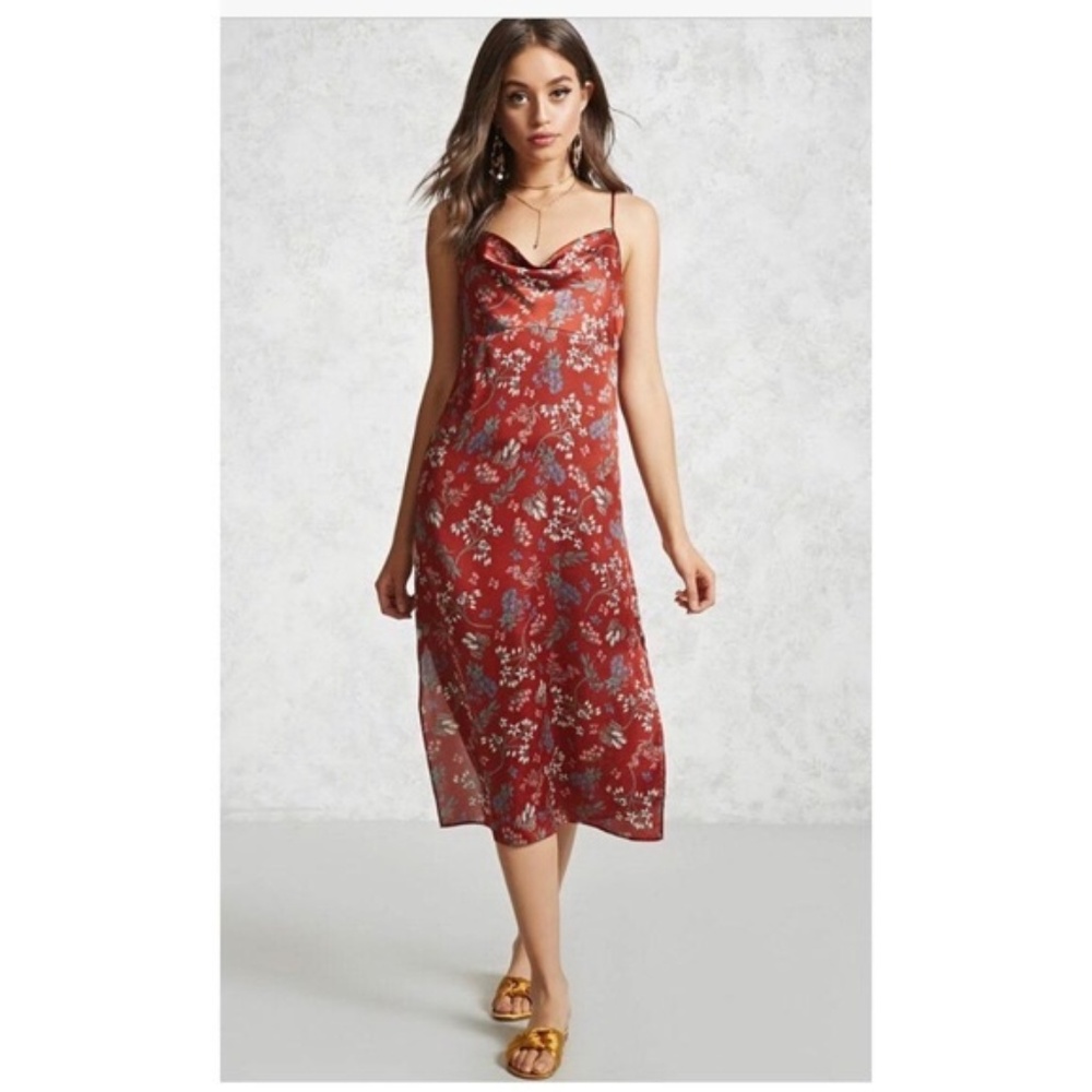 Cowl neck satin floral midi dress NEW